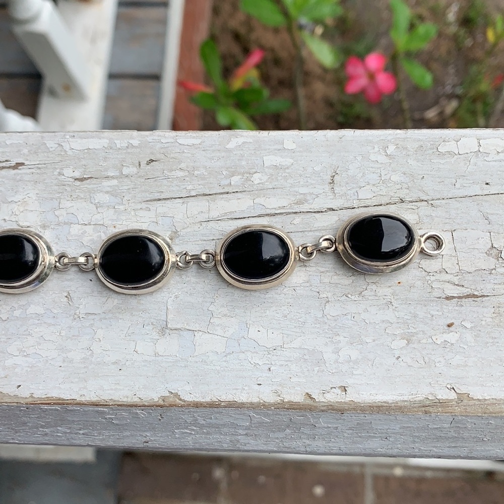 Vintage Heavy Sterling Silver Black Onyx Bracelet - Picture 11 of 17